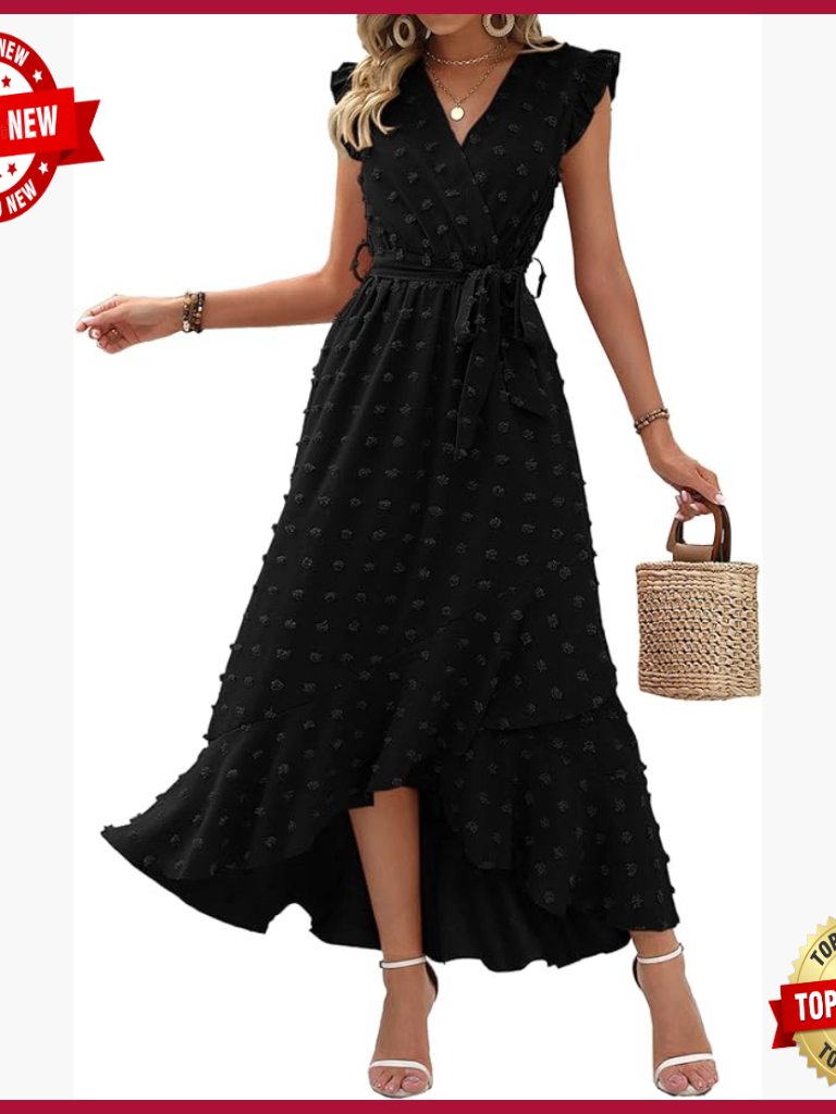 Swiss Dot Maxi Dress With V-Neck, Cap Sleeves, Tie Waist, Ruffle Hem